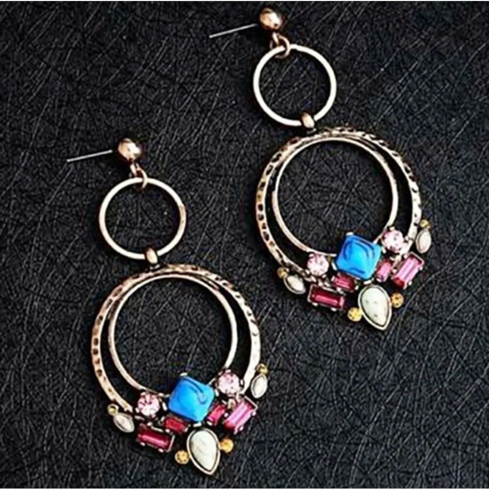 Retro Double Hoop Colorful Dangle Earrings - Picture 2 of 4